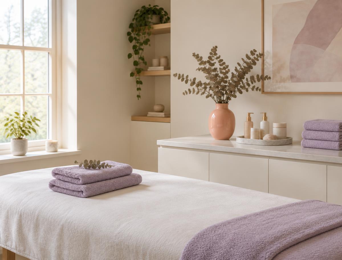 Cabina de tratamiento con toallas lavanda